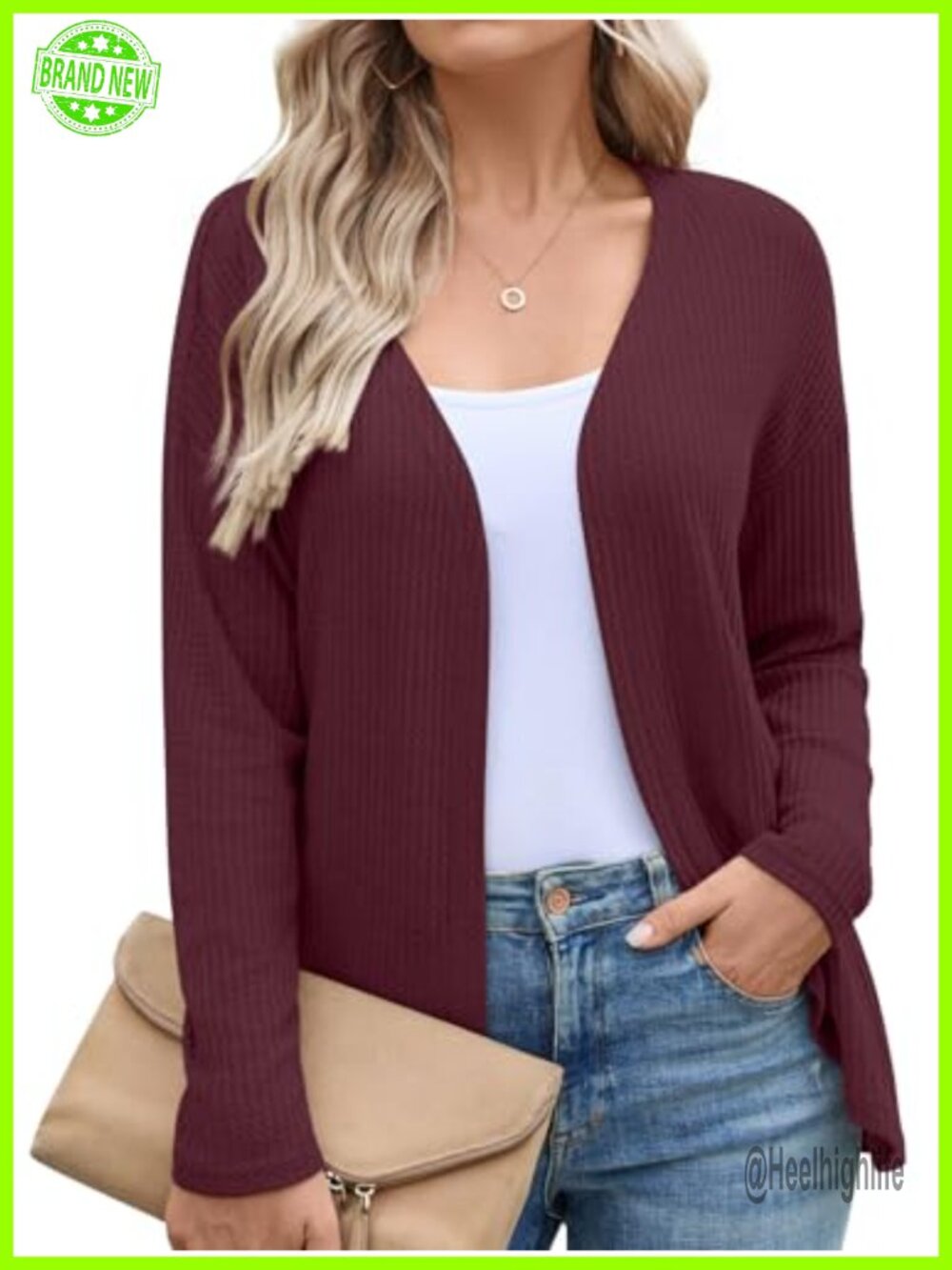 Waffle Knit Cropped Cardigan Lightweight Open Front Sweater